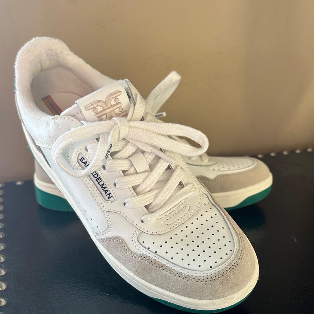 Sam Edelman White, Beige & Green Low-Top Leather Sneakers